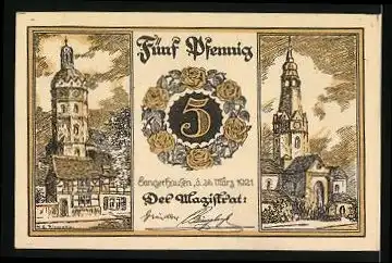 Notgeld Sangerhausen 1921, 5 Pfennig, Kobermännchen, Kirchtürme