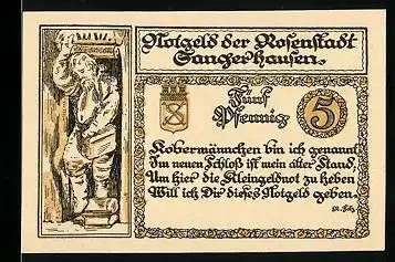 Notgeld Sangerhausen 1921, 5 Pfennig, Kobermännchen, Wappen, Kirchtürme