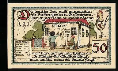 Notgeld Gatersleben 1921, 50 Pfennig, Max & Moritz bemalen Hauswand, Gatersleber Schaf Friseusen reisen ab