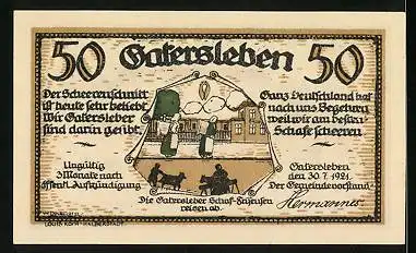 Notgeld Gatersleben 1921, 50 Pfennig, Max & Moritz bemalen Hauswand, Gatersleber Schaf Friseusen reisen ab