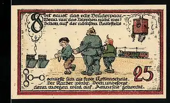 Notgeld Gatersleben 1921, 25 Pfennig, Max und Moritz werden von Polizist abgeführt, Eisenbahn