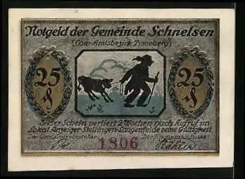 Notgeld Schnelsen, 25 Pfennig, Markthalle, Bauer mit Kalb an der Leine