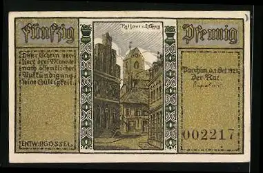 Notgeld Parchim 1921, 50 Pfennig, Wappen, Vers von Rudolf Tarnow, Rathaus & St. Georg