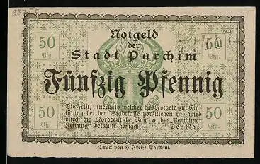 Notgeld Parchim, 50 Pfennig, Wappen und Ornamente, einseitig bedruckt