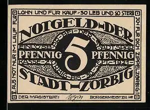 Notgeld Zörbig 1921, 5 Pfennig, Ornamente, einseitig bedruckt