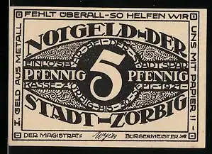 Notgeld Zörbig 1921, 5 Pfennig, Ornamente, Druck einseitig