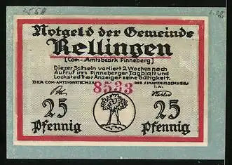 Notgeld Rellingen, 25 Pfennig, Gehöft mit Bauernhäusern, Wappen