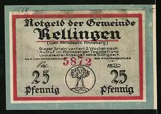 Notgeld Rellingen, 25 Pfennig, Ortsansicht mit Kirche, Wappen
