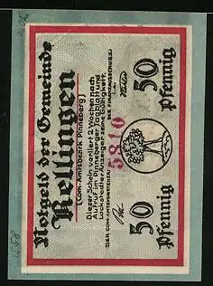 Notgeld Rellingen, 50 Pfennig, Brücke am Ortsrand, Wappen