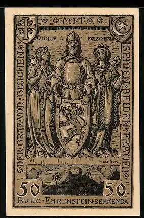 Notgeld Remda / Thüringen 1921, 50 Pfennig, Ritter von Prinzessinnen flankiert, Burg Ehrenbreitstein, Wappen