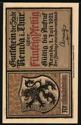 Notgeld Remda / Thüringen 1921, 50 Pfennig, Ritter von Prinzessinnen flankiert, Burg Ehrenbreitstein, Wappen