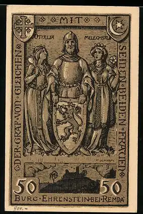 Notgeld Remda / Thüringen 1921, 50 Pfennig, Ritter nebst Prinzessinnen, Burg Ehrenbreitstein, Wappen