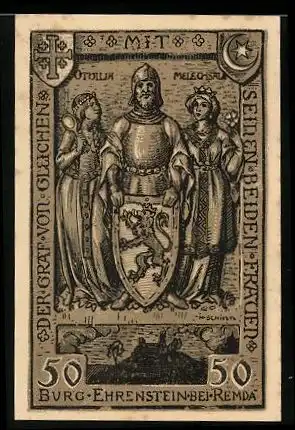 Notgeld Remda / Thüringen 1921, 50 Pfennig, Ritter zwischen Prinzessinnen, Burg Ehrenbreitstein, Wappen
