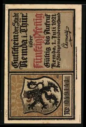 Notgeld Remda / Thüringen 1921, 50 Pfennig, Ritter zwischen Prinzessinnen, Burg Ehrenbreitstein, Wappen