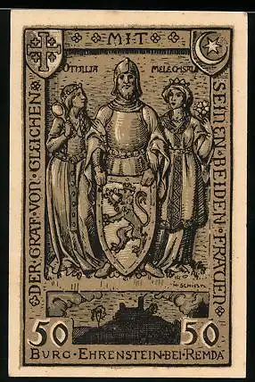 Notgeld Remda / Thüringen 1921, 50 Pfennig, Ritter mit Schild zwischen Prinzessinnen, Burg Ehrenbreitstein, Wappen