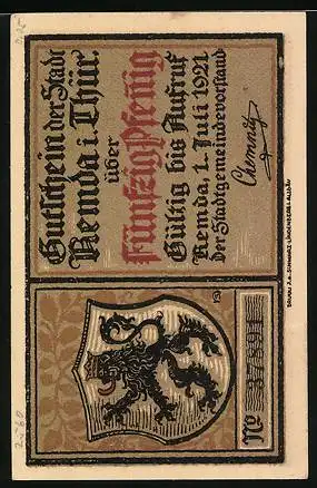 Notgeld Remda / Thüringen 1921, 50 Pfennig, Ritter mit Schild zwischen Prinzessinnen, Burg Ehrenbreitstein, Wappen