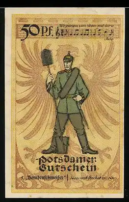 Notgeld Potsdam 1921, 50 Pfennig, Nr. 5 Bombenschmeisser in Uniform, Wappen