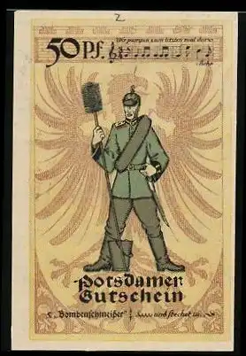 Notgeld Potsdam 1921, 50 Pfennig, Artillerist, Nr. 5 Bombenschmeisser in Uniform, Wappen