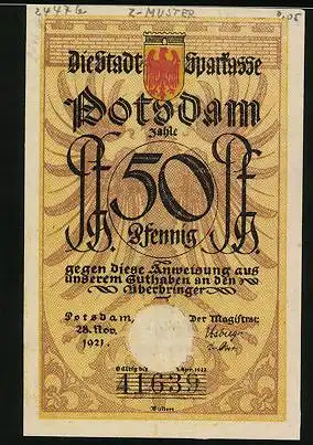 Notgeld Potsdam 1921, 50 Pfennig, Artillerist, Nr. 5 Bombenschmeisser in Uniform, Wappen