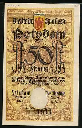 Notgeld Potsdam 1921, 50 Pfennig, Kavallerist Nr. 6 Paddenstecher in Uniform zu Pferd, Wappen