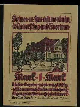 Notgeld Pries-Friedrichsort, 1 Mark, Dorfteich & Gebäudeansicht, Mutter kocht in der Küche eine Mahlzeit