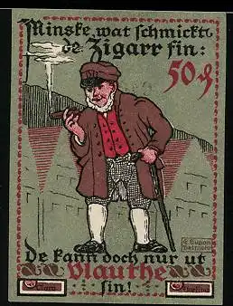 Notgeld Vlotho / Weser 1921, 50 Pfennig, Einheimischer raucht Zigarre