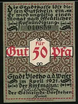 Notgeld Vlotho / Weser 1921, 50 Pfennig, Einheimischer raucht Zigarre