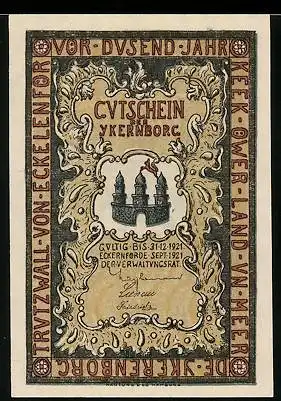 Notgeld Eckernförde / Ykernborg 1921, 25 Pfennig, Wappen, Ortsansicht mit Gewässer & Kirche
