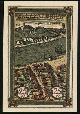 Notgeld Eckernförde / Ykernborg 1921, 25 Pfennig, Wappen, Ortsansicht mit Gewässer & Kirche