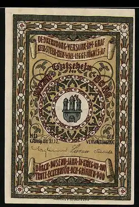 Notgeld Eckernförde / Ykernborg 1921, 50 Pfennig, Ortsansicht um 1800, Wappen