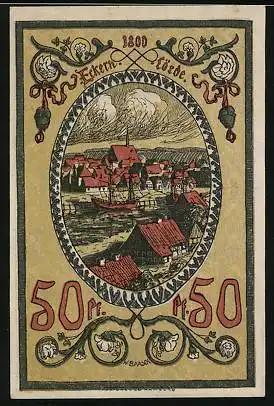 Notgeld Eckernförde / Ykernborg 1921, 50 Pfennig, Ortsansicht um 1800, Wappen