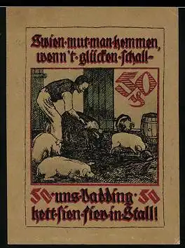 Notgeld Pries-Friedrichsort, 50 Pfennig, Bauer füttert Schweine, Kinder mit Karren & Ziege vor Gutshaus