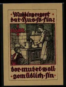 Notgeld Pries-Friedrichsort, 1 Mark, Mutter kocht in der Küche, Ortsansicht mit Gebäude