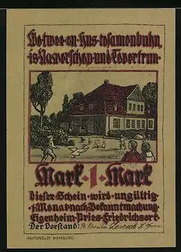 Notgeld Pries-Friedrichsort, 1 Mark, Mutter kocht in der Küche, Ortsansicht mit Gebäude