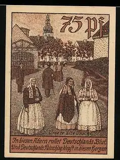 Notgeld Leobschütz 1922, 75 Pfennig, Strassenansicht mit Damen in Tracht, Wappen