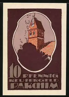 Notgeld Parchim 1922, 10 Pfennig, Schlafmütze steht aus dem Bett auf, Rathaus