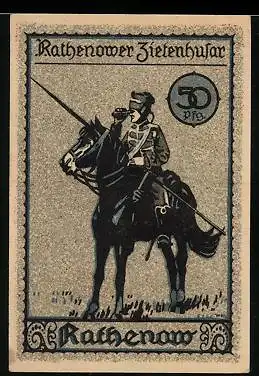 Notgeld Rathenow, 50 Pfennig, Rathenower Zietenhusar mit Feldstecher zu Pferd, Rathaus & Flusspartie