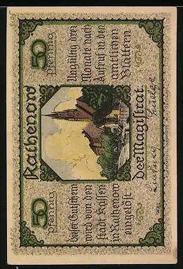 Notgeld Rathenow, 50 Pfennig, Rathenower Zietenhusar mit Feldstecher zu Pferd, Rathaus & Flusspartie