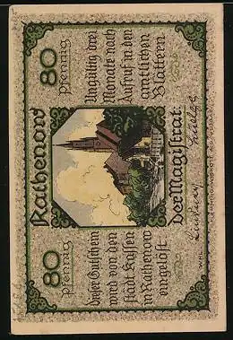 Notgeld Rathenow, 80 Pfennig, Rathenower Zietenhusar, Stadtansicht mit Uferpartie