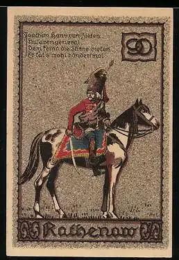 Notgeld Rathenow, 90 Pfennig, Husaren-General Joachim Hans von Zieten zu Pferd, Stadtansicht mit Flusspartie