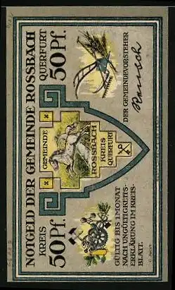 Notgeld Rossbach Kreis Querfurt, 50 Pfennig, Seydlitz Zu Pferd im Gefecht, Wappen