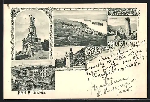 AK Rüdesheim, Nationaldenkmal, Ortsansicht, Hotel Rheinstein