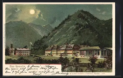 Lithographie Kreuth, Teilansicht mit Bergen