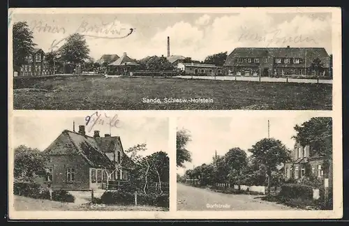 AK Sande i. Schleswig-Holstein, Teilansicht, Dorfstrasse und Schule