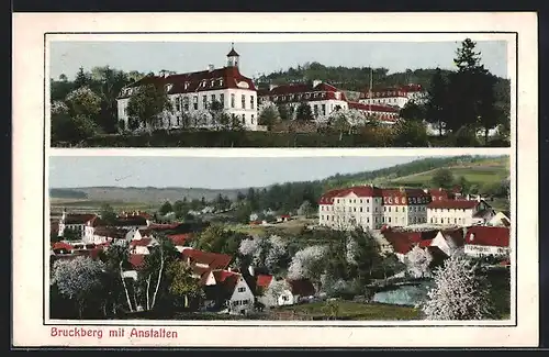 AK Bruckberg, zwei verschiedene Ortsansichten mit Anstalten
