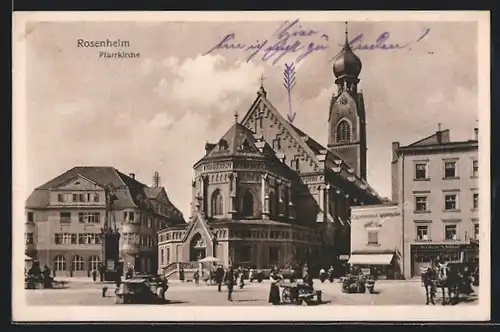AK Rosenheim, Passanten vor der Pfarrkirche, Cigarrenhaus Wettlaufer