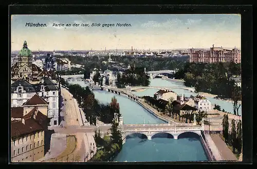 AK München, Partie an der Isar, Blick gegen die Maximiliansbrücke