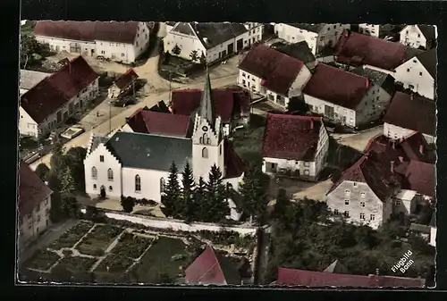 AK Riedöschingen, Teilansicht mit kath. Pfarrkirche, Fliegeraufnahme