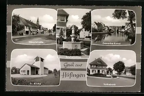 Passepartout-AK Hüfingen /Kr. Donaueschingen, Hauptstrasse, Volksbank, Gewerbe-Kanal und ev. Kirche