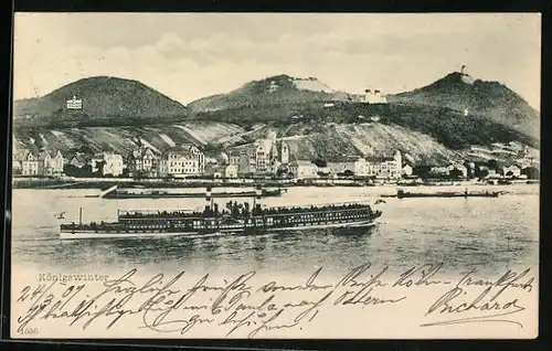 AK Königswinter, Ortspanorama mit Rheindampfer und Bergen